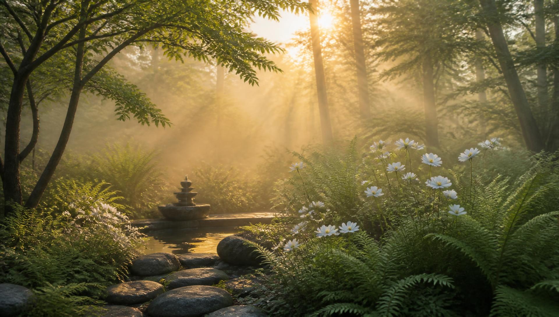 Jardim de floresta ao amanhecer com fonte de pedra, samambaias e flores brancas